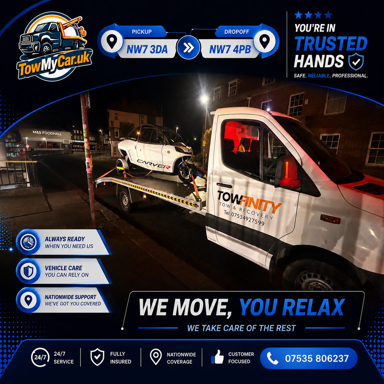 RECOVERY in Barnet, unparished area → Barnet, unparished area — TowMyCar UK roadside recovery