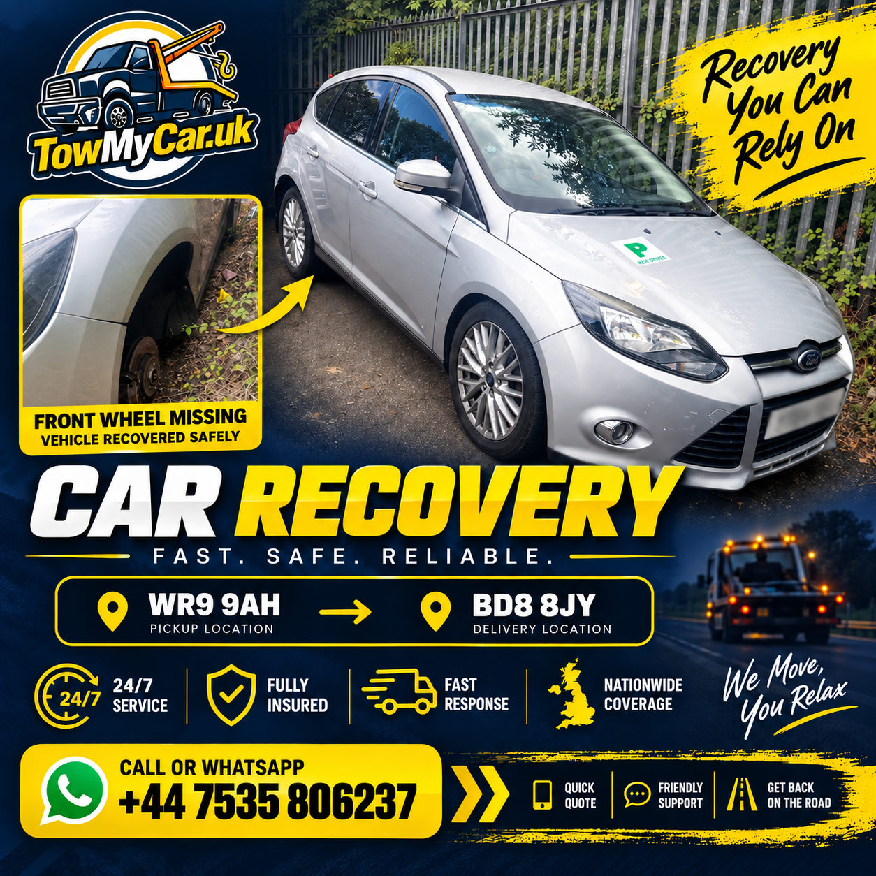 RECOVERY in Droitwich Spa → Bradford, unparished area — TowMyCar UK roadside recovery