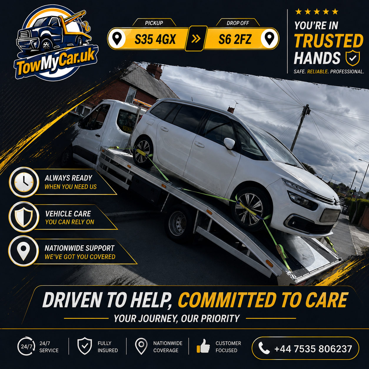 RECOVERY in Ecclesfield → Sheffield, unparished area — TowMyCar UK roadside recovery