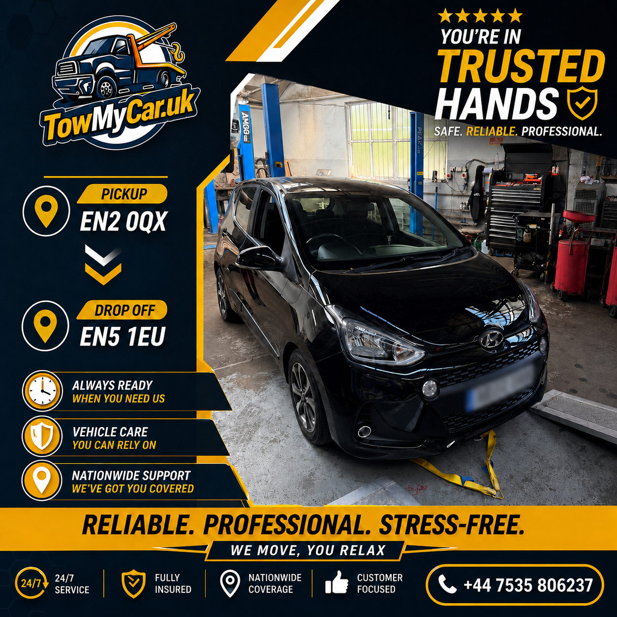 RECOVERY in Enfield, unparished area → Barnet, unparished area — TowMyCar UK roadside recovery