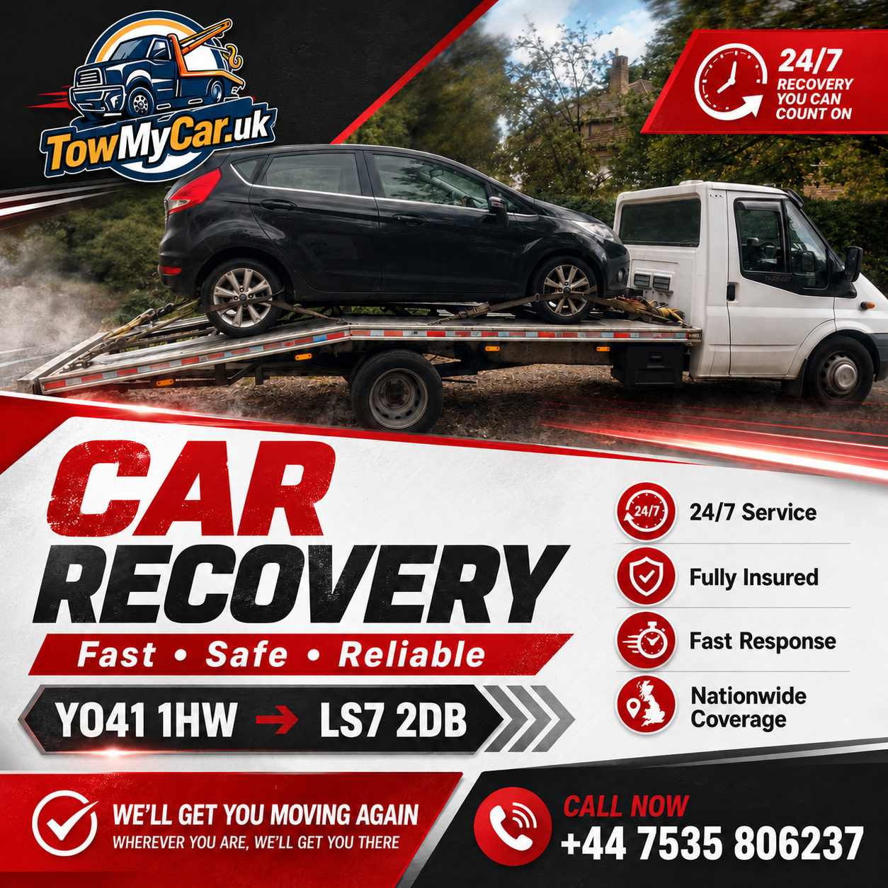 RECOVERY in Full Sutton → Leeds, unparished area — TowMyCar UK roadside recovery