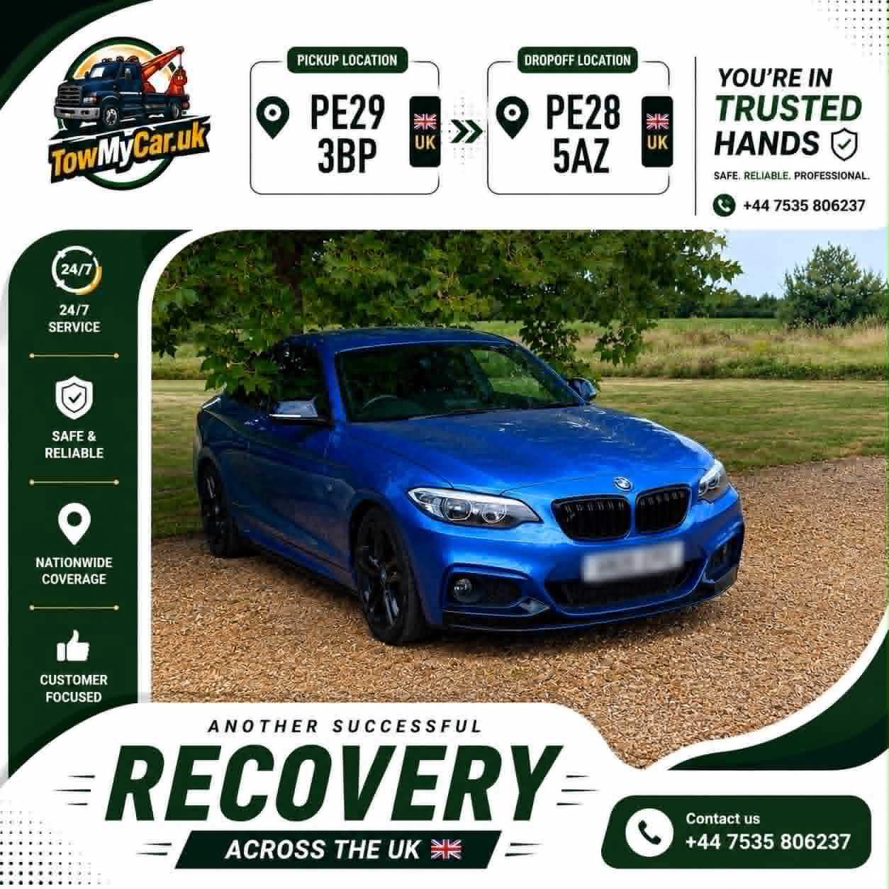 Recovery in Huntingdon → Leighton — TowMyCar UK roadside recovery