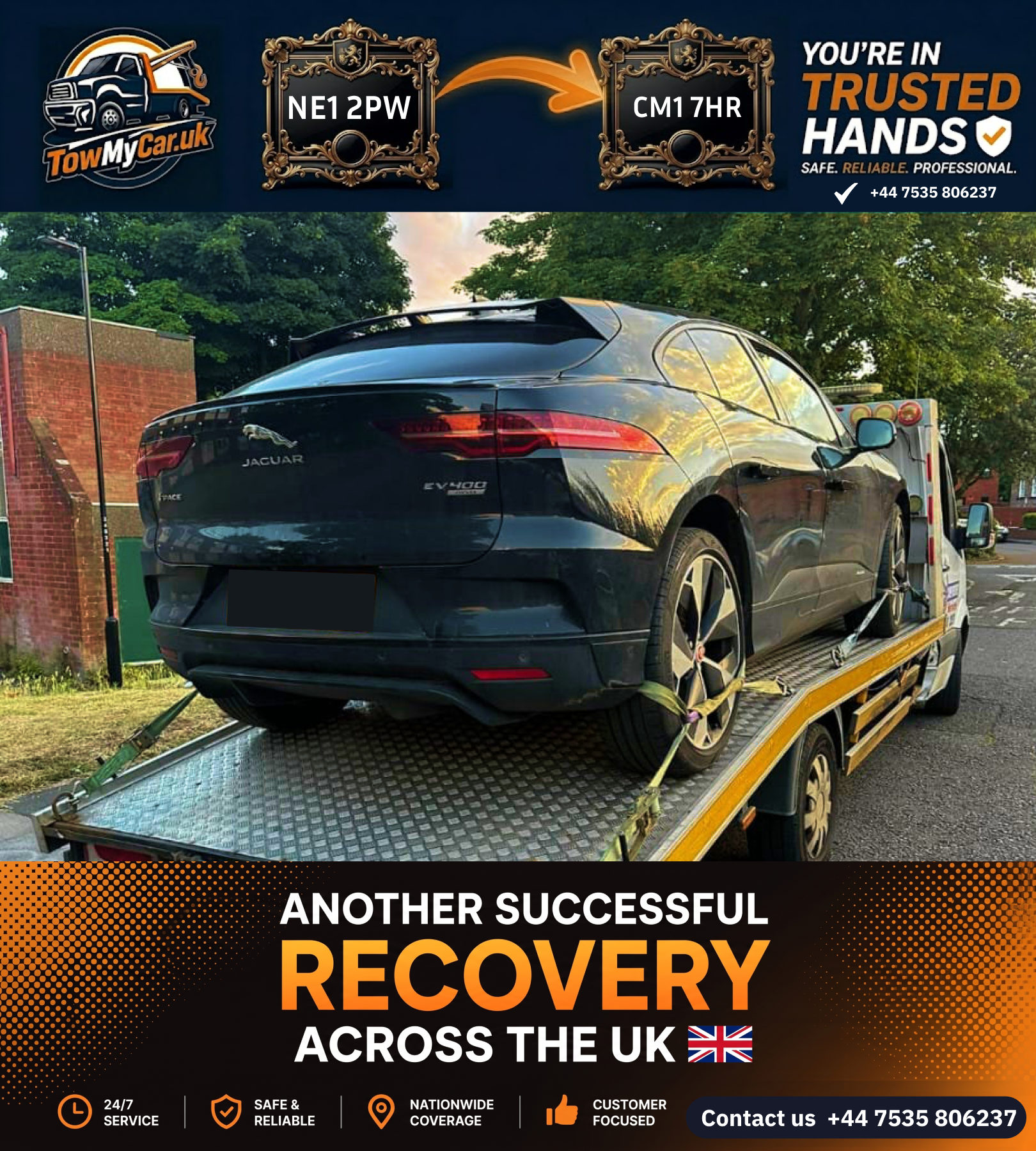 Recovery in Newcastle upon Tyne, unparished area → Chelmsford, unparished area — TowMyCar UK roadside recovery