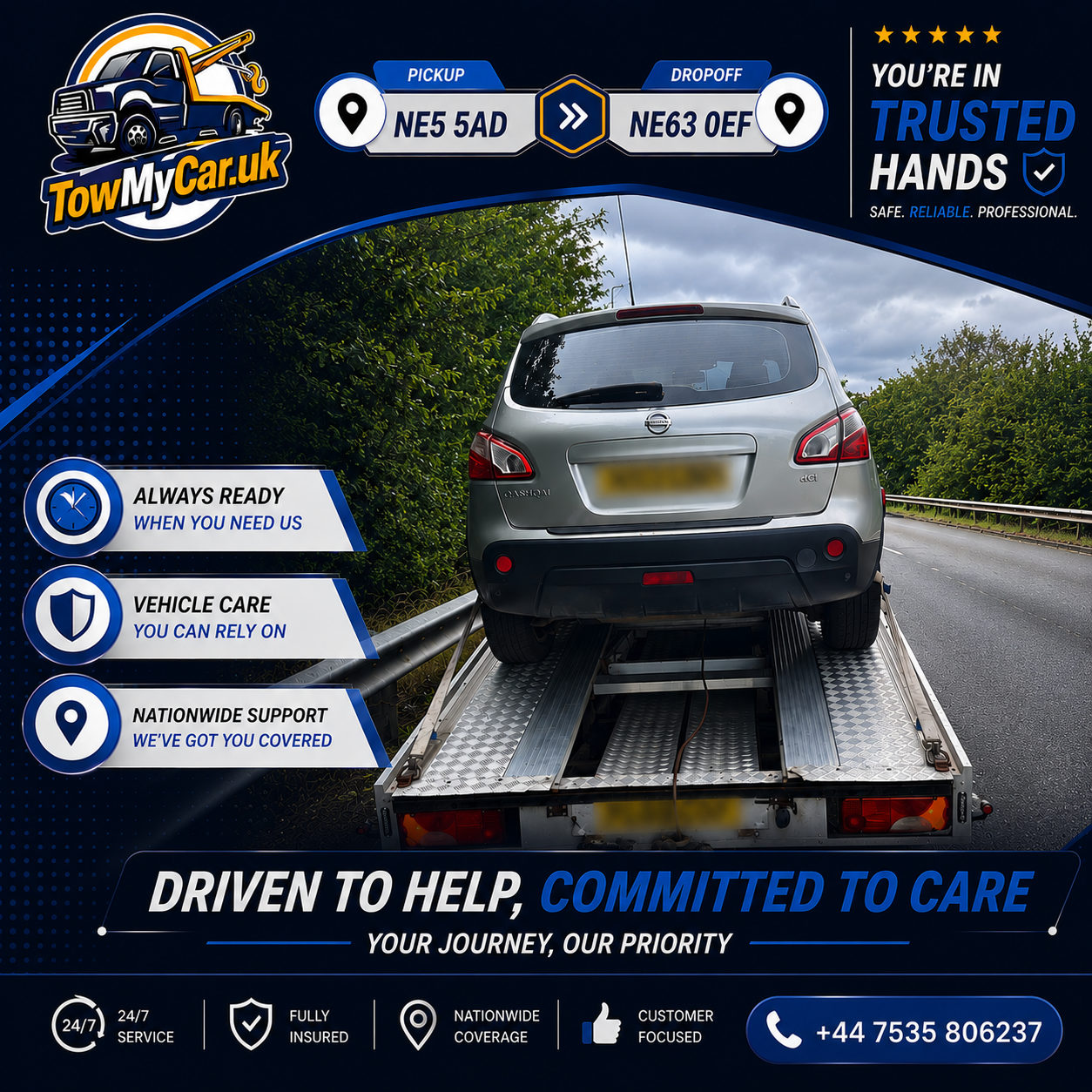 RECOVERY in Newcastle upon Tyne, unparished area → Ashington — TowMyCar UK roadside recovery