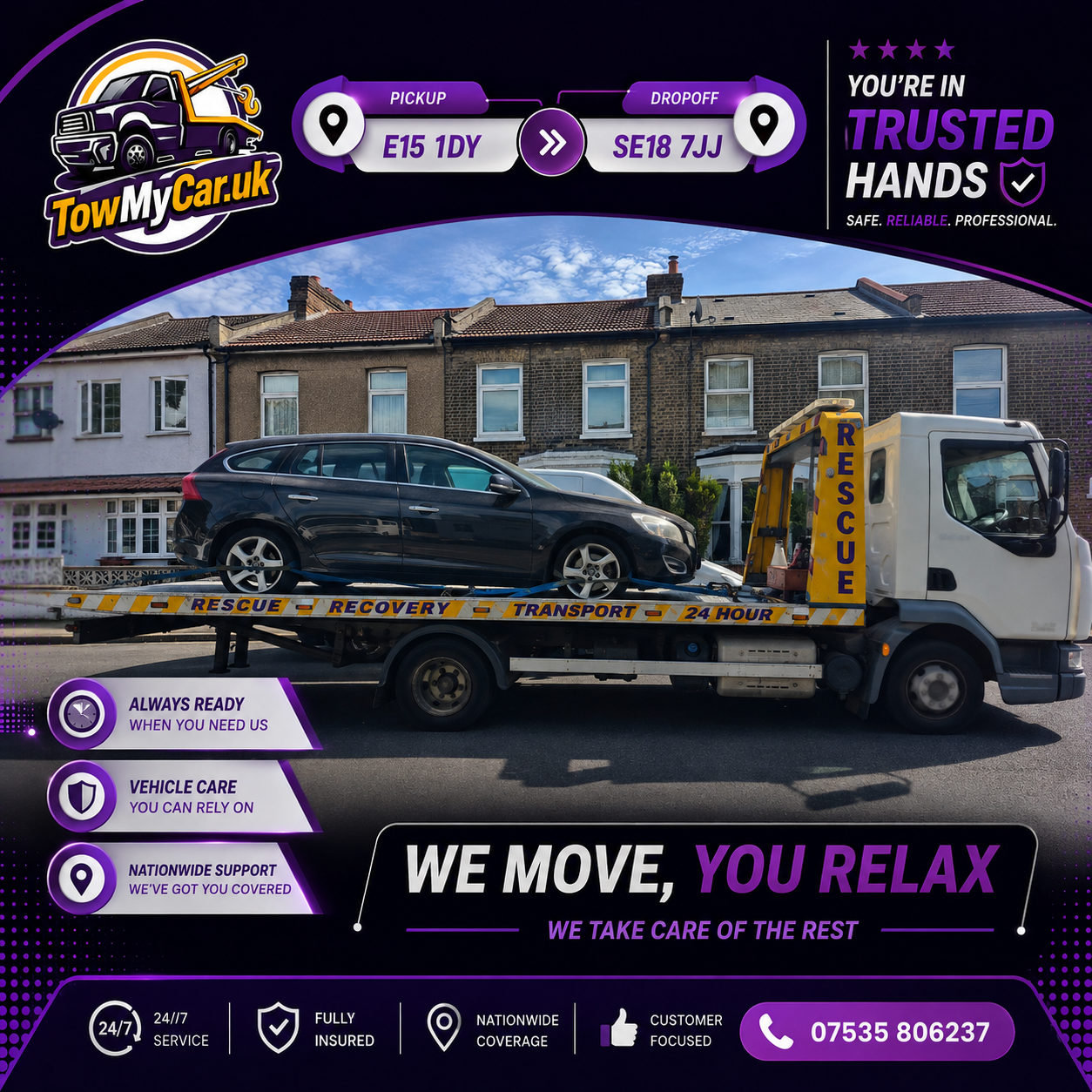 RECOVERY in Newham, unparished area → Greenwich, unparished area — TowMyCar UK roadside recovery