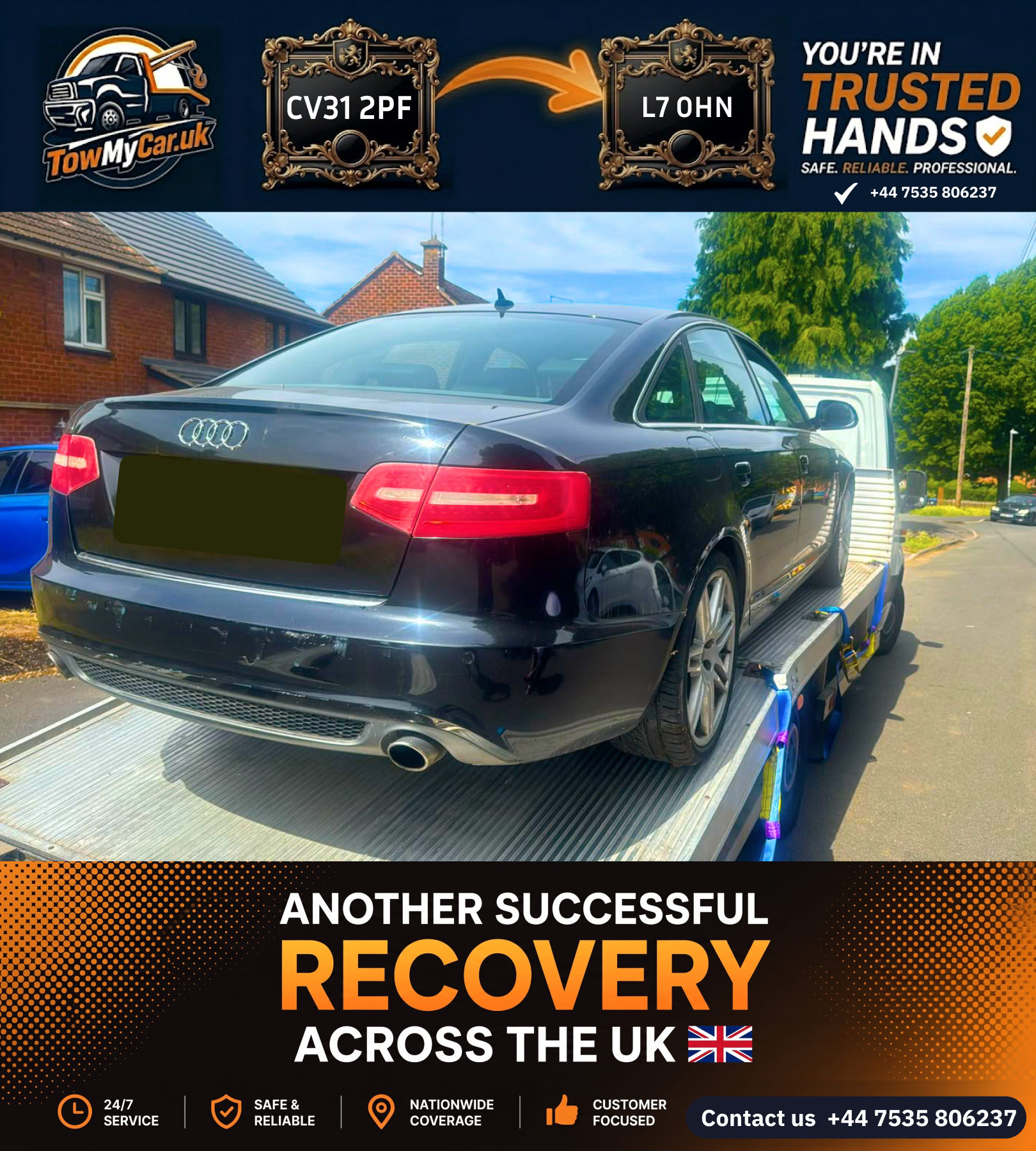 Recovery in Royal Leamington Spa → Liverpool, unparished area — TowMyCar UK roadside recovery