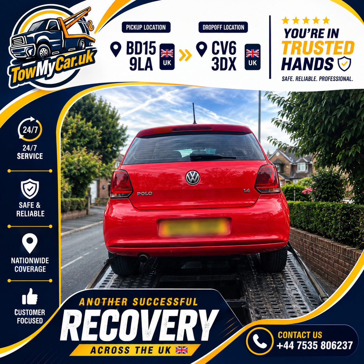 RECOVERY in Sandy Lane → Coventry, unparished area — TowMyCar UK roadside recovery