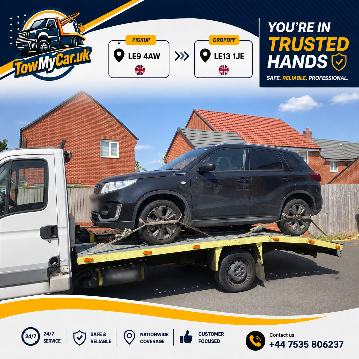 RECOVERY in Sapcote → Melton, unparished area — TowMyCar UK roadside recovery