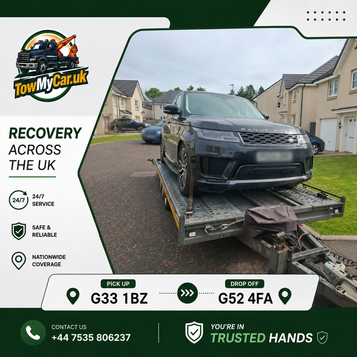 RECOVERY in Springburn/Robroyston → Renfrew South and Gallowhill — TowMyCar UK roadside recovery