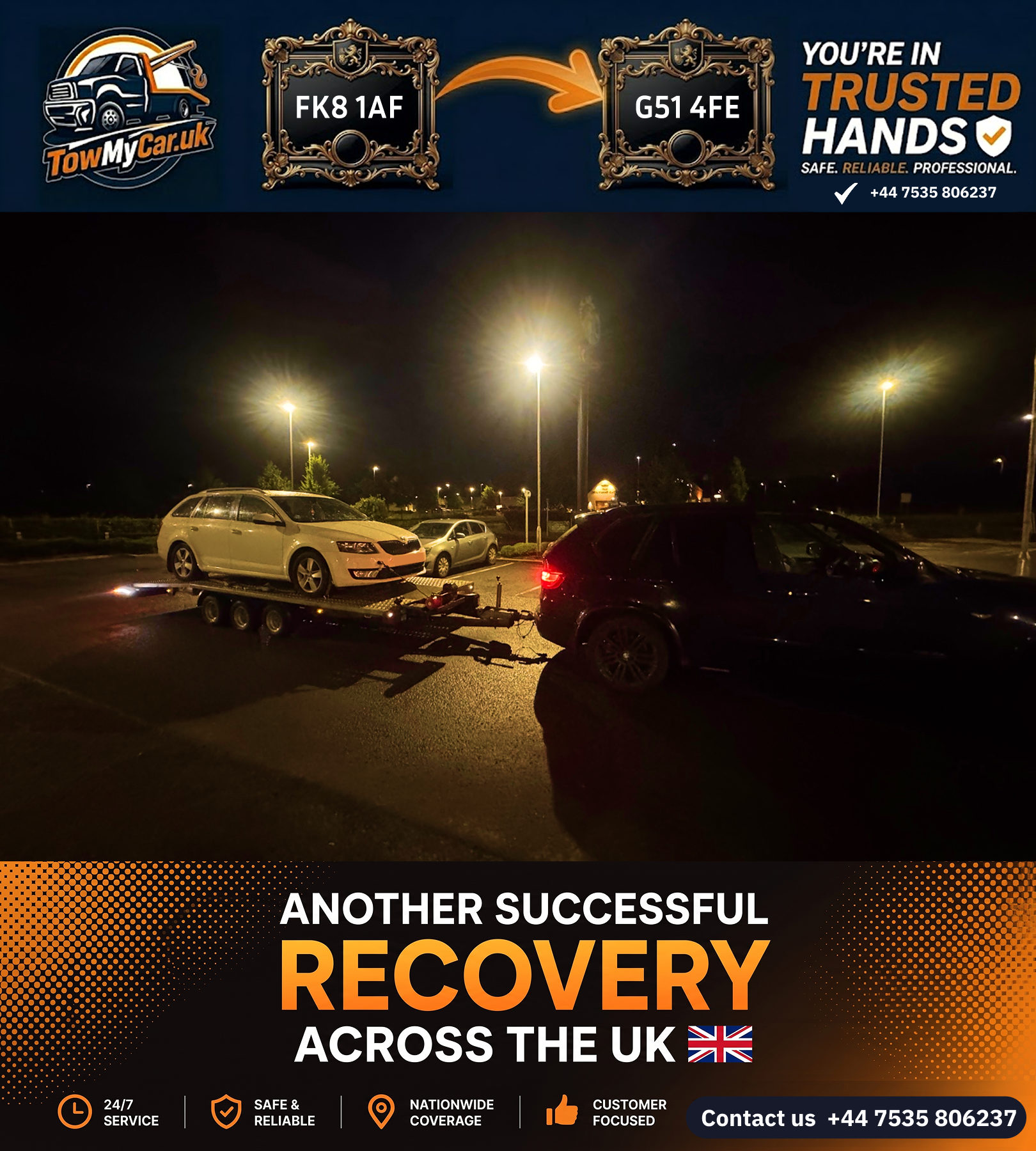 Recovery in Stirling North → Cardonald — TowMyCar UK roadside recovery