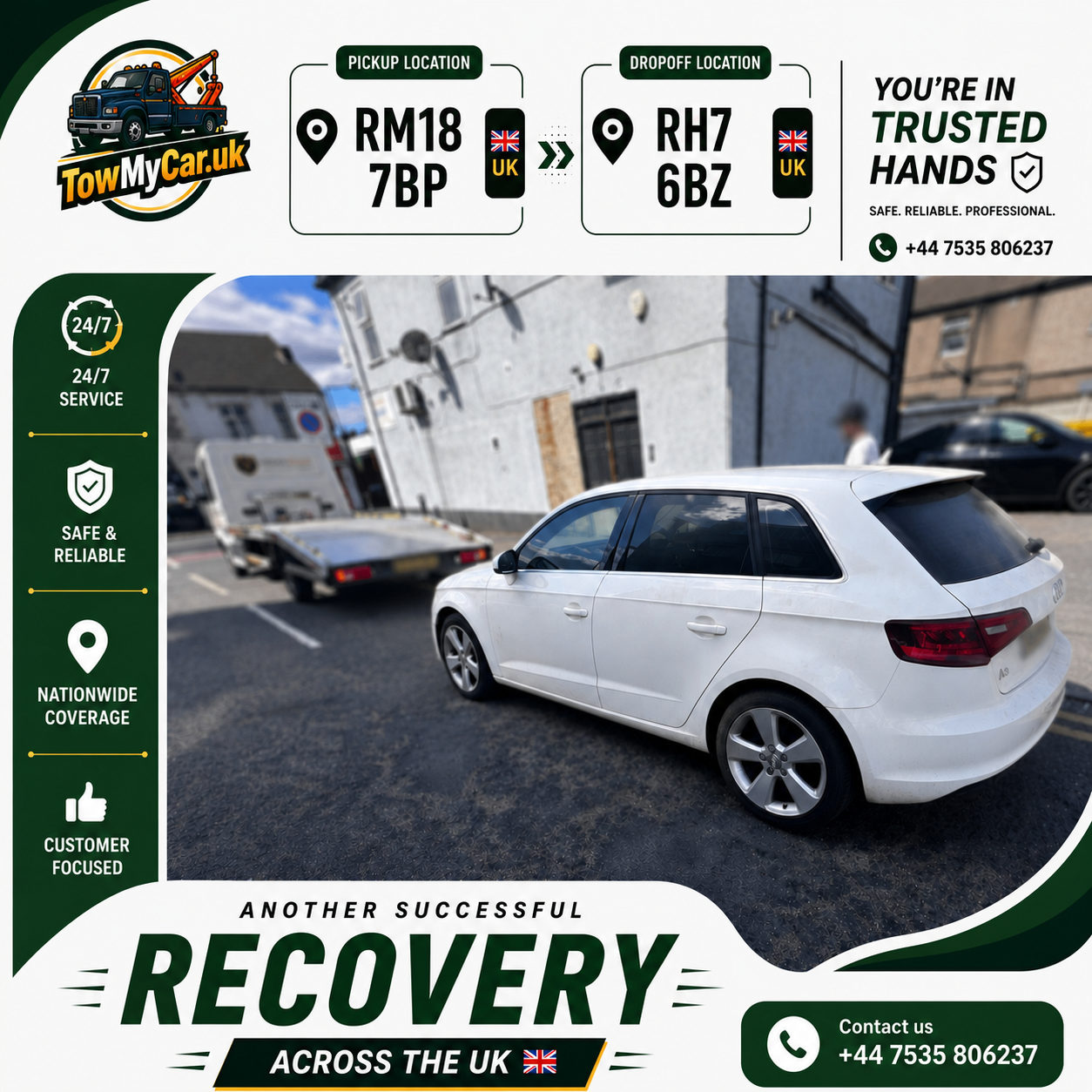 RECOVERY in Thurrock, unparished area → Lingfield — TowMyCar UK roadside recovery