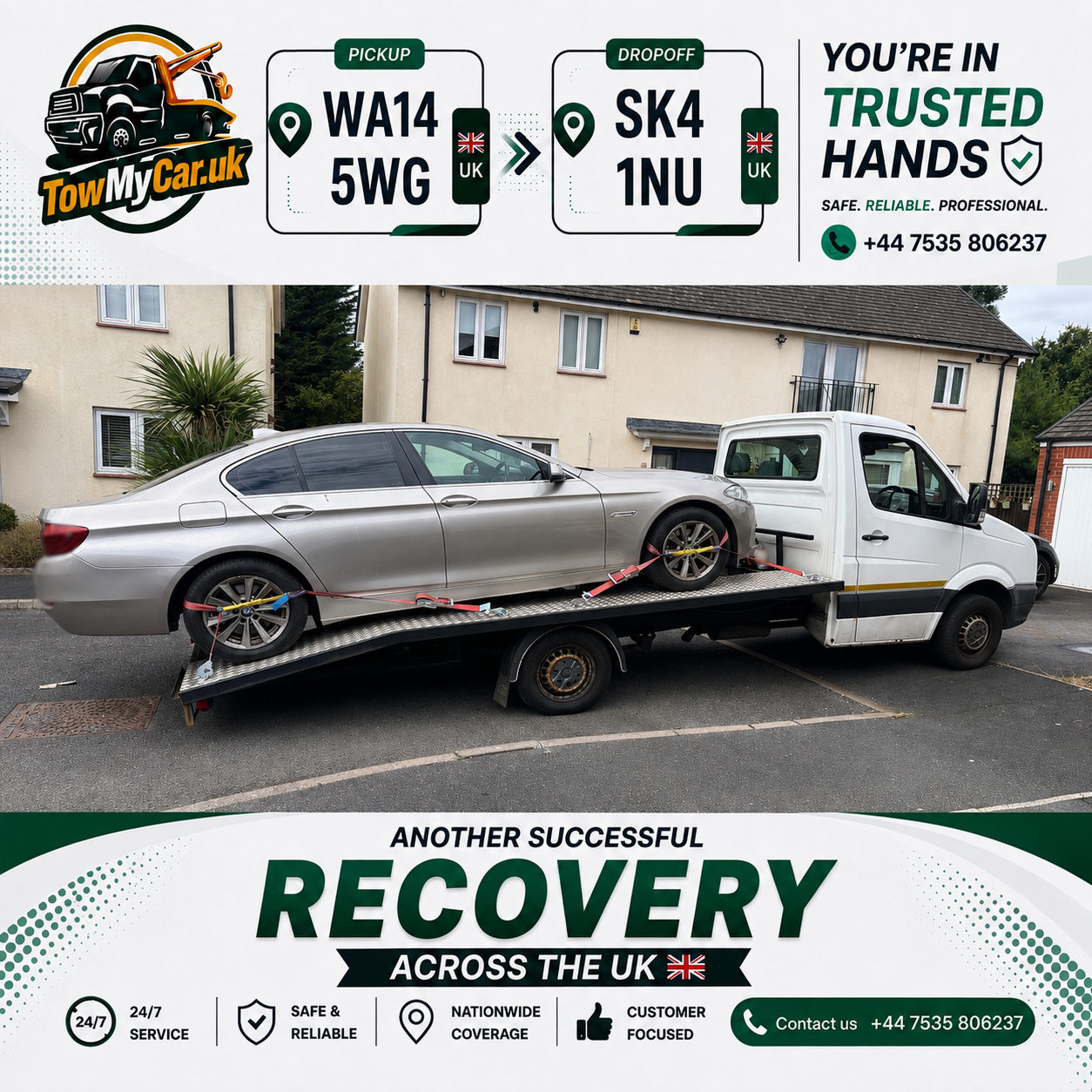 RECOVERY in Trafford, unparished area → Stockport, unparished area — TowMyCar UK roadside recovery