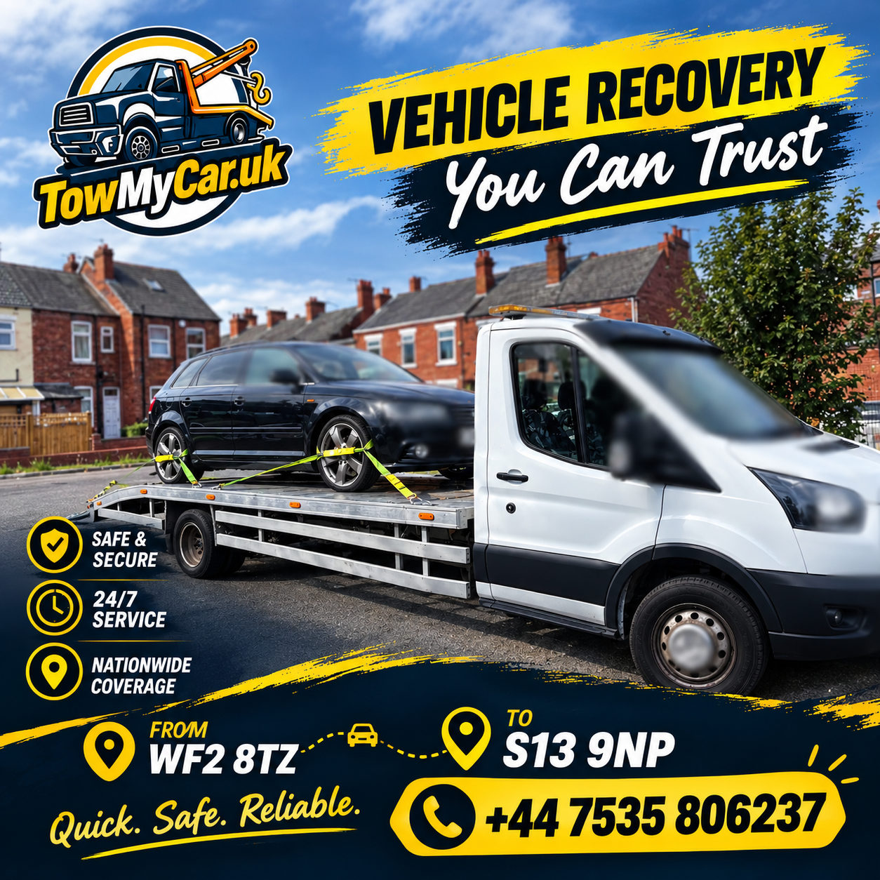 RECOVERY in Wakefield, unparished area → Sheffield, unparished area — TowMyCar UK roadside recovery