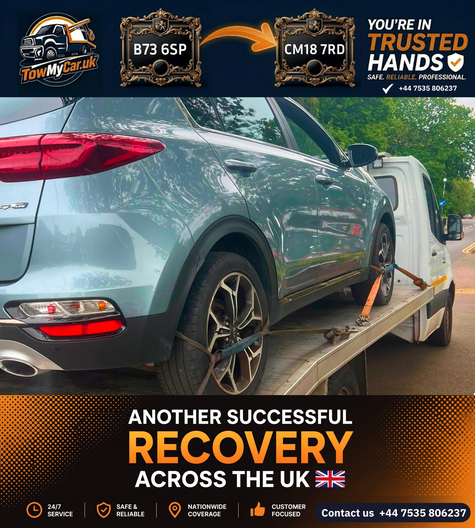 Recovery in Harlow, unparished area → Sutton Coldfield — TowMyCar UK roadside recovery