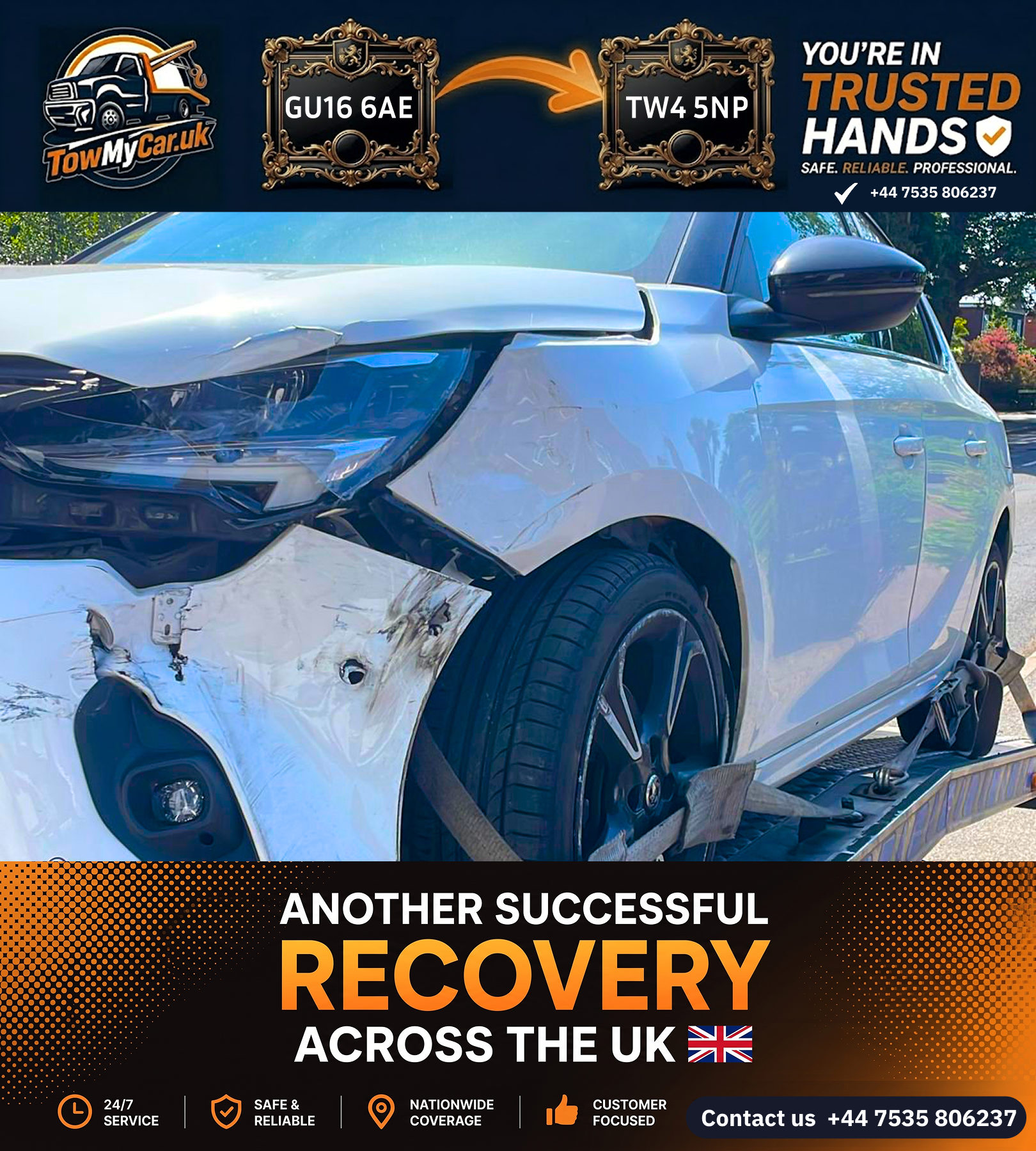 Recovery in Surrey Heath, unparished area → Richmond upon Thames, unparished area — TowMyCar UK roadside recovery